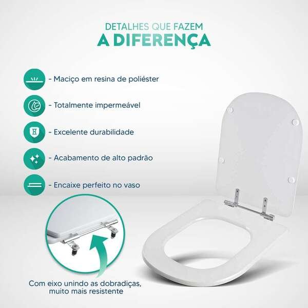 Assento Sanitário Poliéster Vogue Plus Branco Para Vaso Deca 1.6gpf 6lpf - Imagem 3