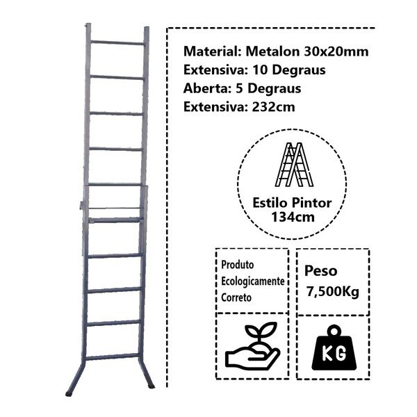 Escada Extensiva 3 Em 1 Metalon 30x20mm 5 E 10 Degraus 134cm - Imagem 4