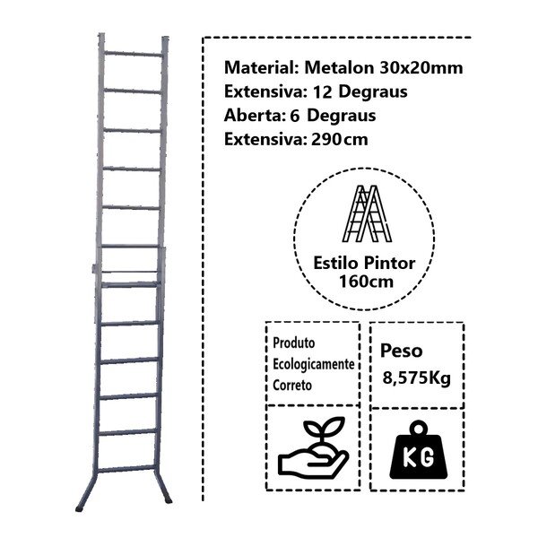 Escada Extensiva 3 Em 1 Metalon 30x20mm 6 E 12 Degraus 160cm - Imagem 4