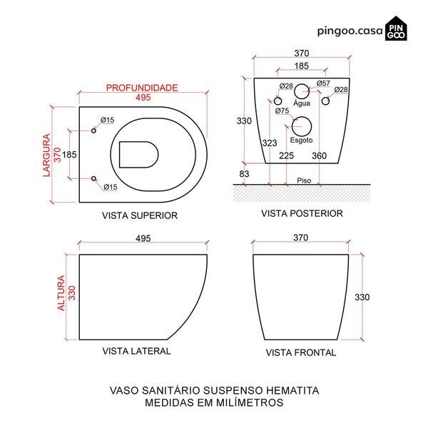 Vaso Sanitário Suspenso Saída Horizontal Hematita Pingoo.casa - Branco - Imagem 10
